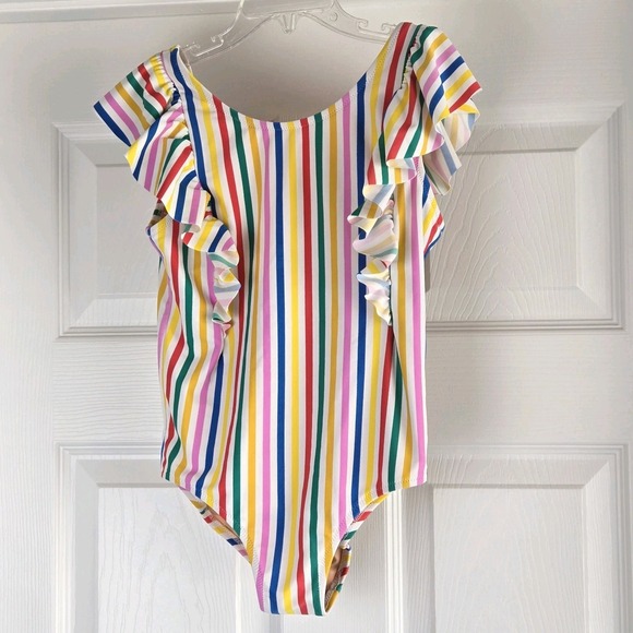 Crewcuts Girls Striped Ruffle Bathingsuit Size 8 Colorful One Piece Swimsuit - Picture 1 of 8